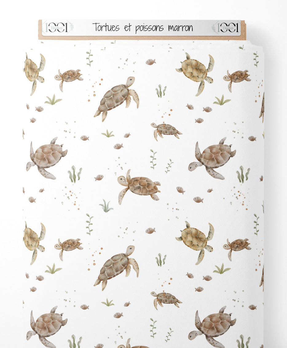 Tissu - Tortues et poissons marron