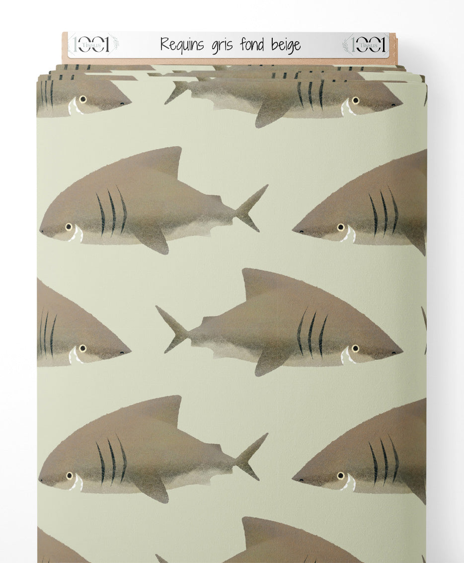 Tissu - Requins gris sur fond beige