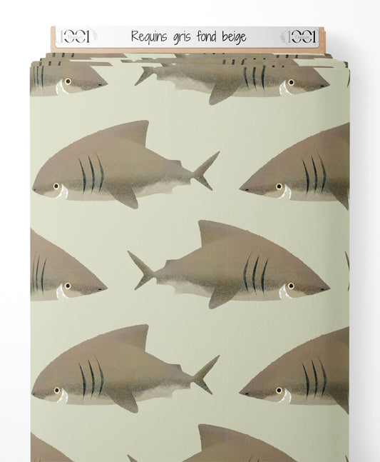 Tissu - Requins gris sur fond beige