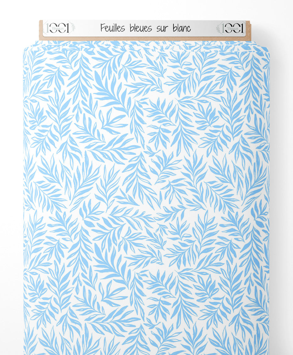 Tissu - Feuilles bleues sur blanc