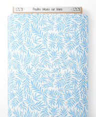 Tissu - Feuilles bleues sur blanc