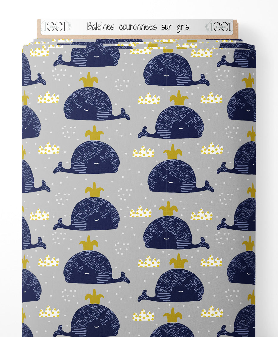Tissu - Baleines couronnées sur gris