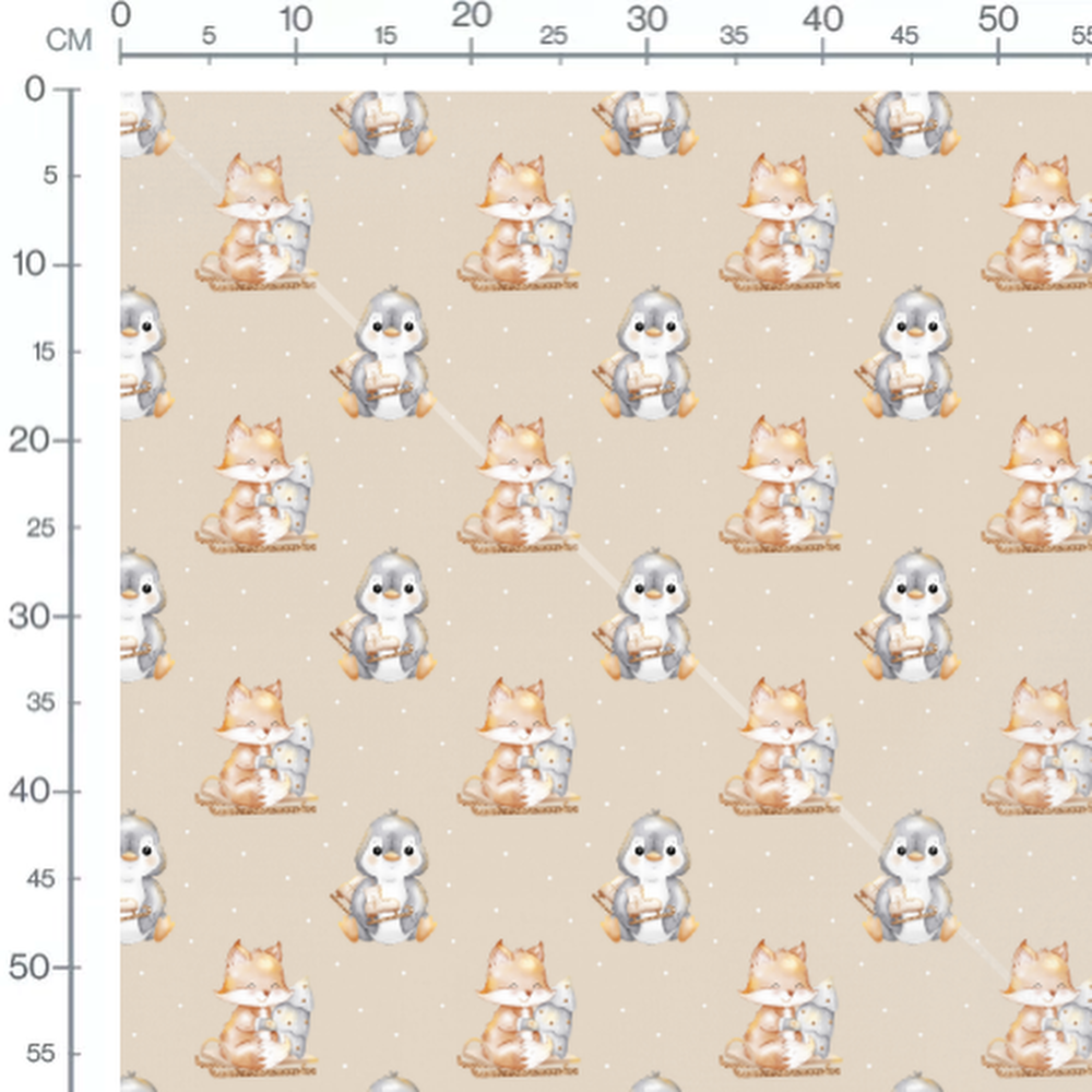 Tissu - Renard et pingouins sur beige