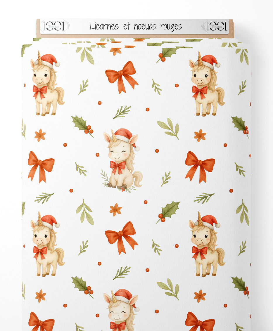 Tissu - Licornes et noeuds rouges