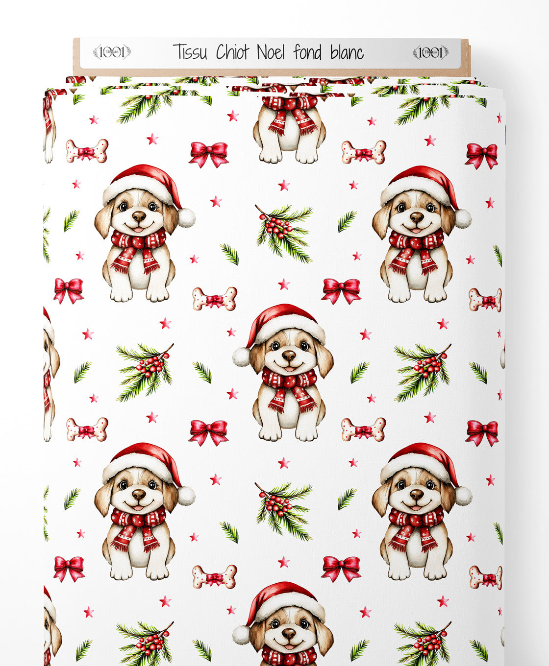Tissu - Chiot Noel fond blanc
