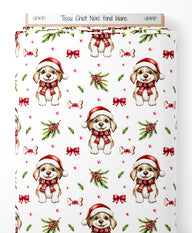 Tissu - Chiot Noel fond blanc