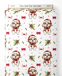 Tissu - Chiot Noel fond blanc