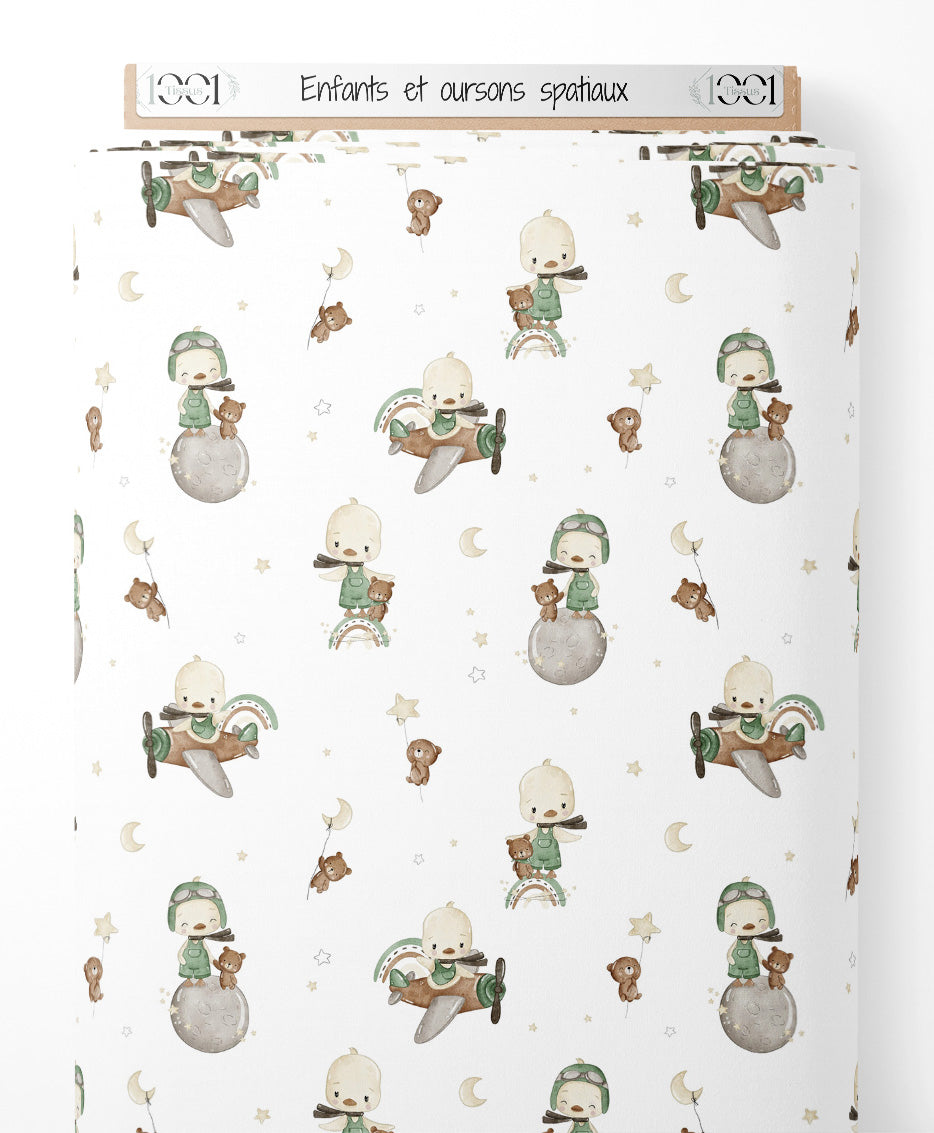 Tissu - Enfants et oursons spatiaux