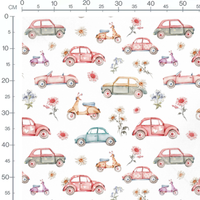 Tissu - Voitures vintage et fleurs blanches