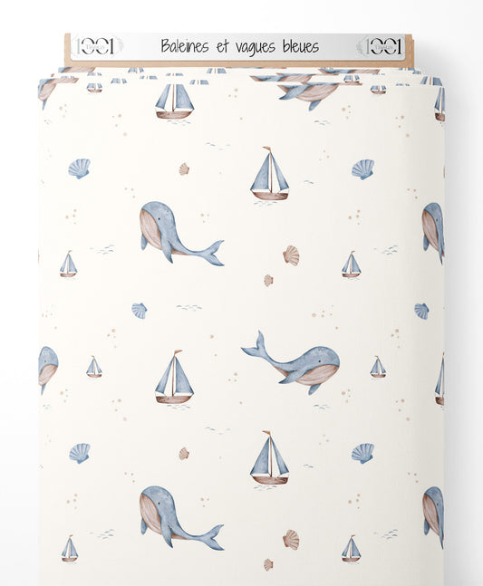 Tissu - Baleines et vagues bleues