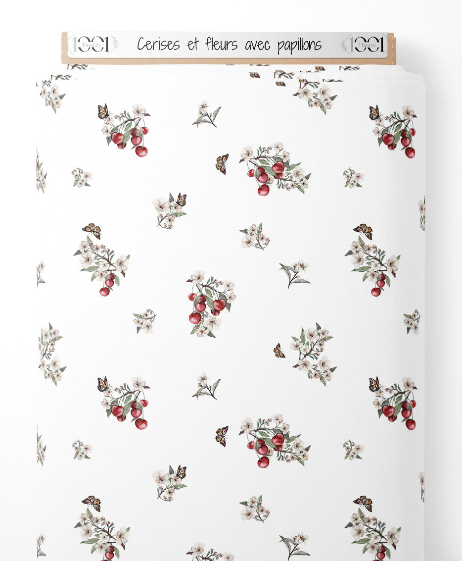 Tissu - Cerises et fleurs avec papillons