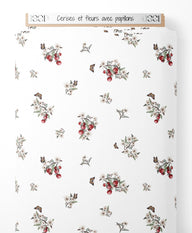 Tissu - Cerises et fleurs avec papillons