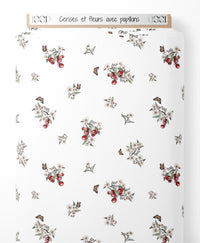 Tissu - Cerises et fleurs avec papillons