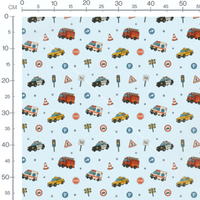 Tissu - Véhicules sur fond bleu clair
