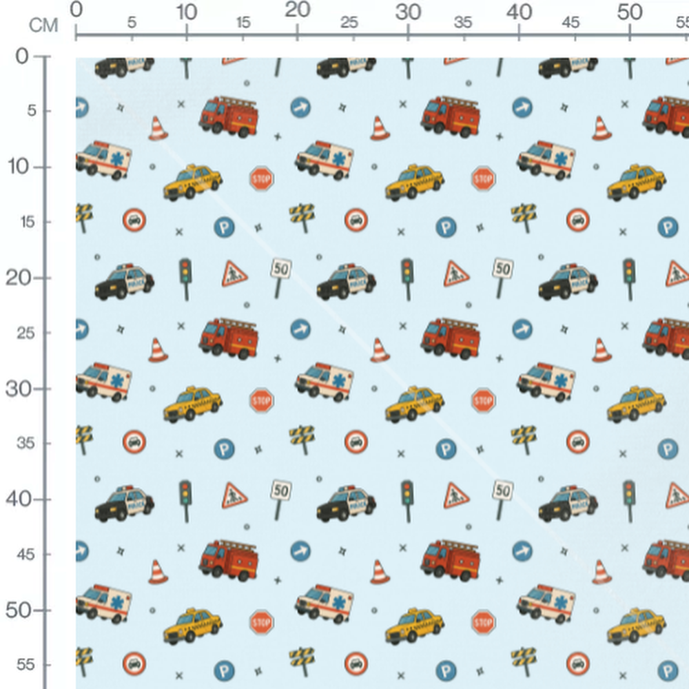 Tissu - Véhicules sur fond bleu clair