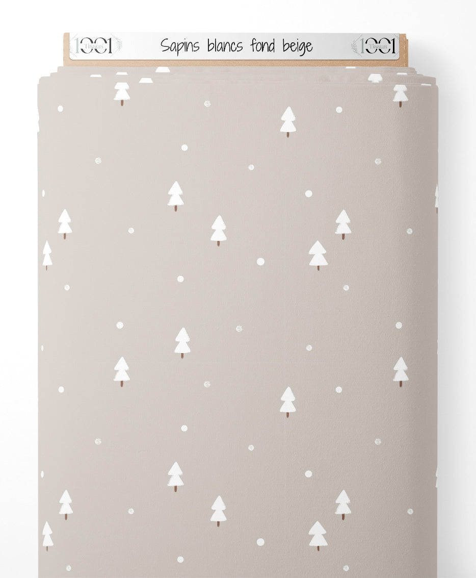 Tissu - Sapins blancs sur fond beige