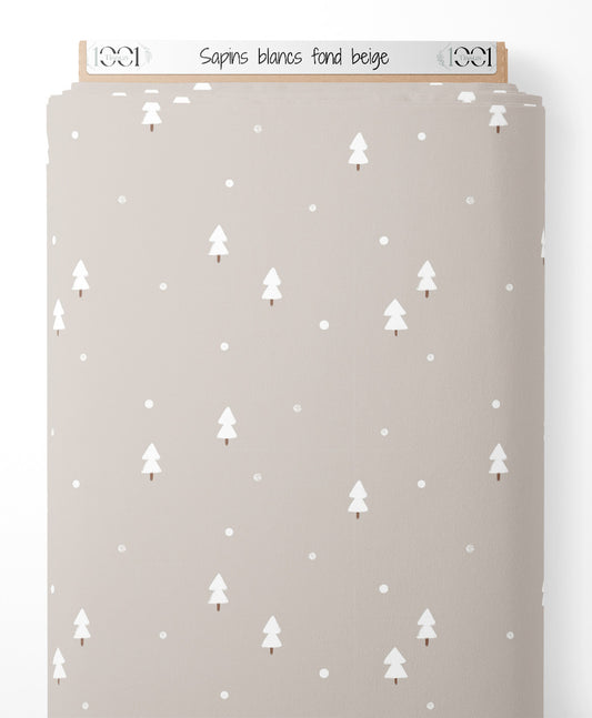 Tissu - Sapins blancs sur fond beige
