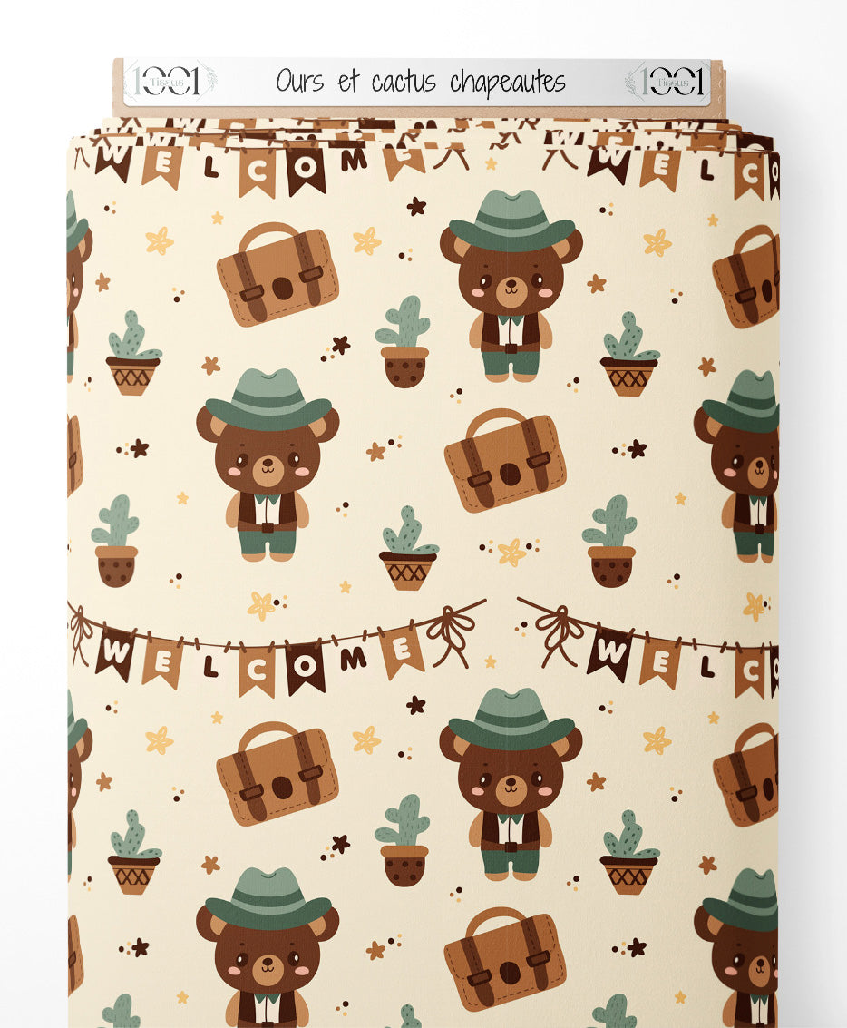 Tissu - Ours et cactus chapeautés