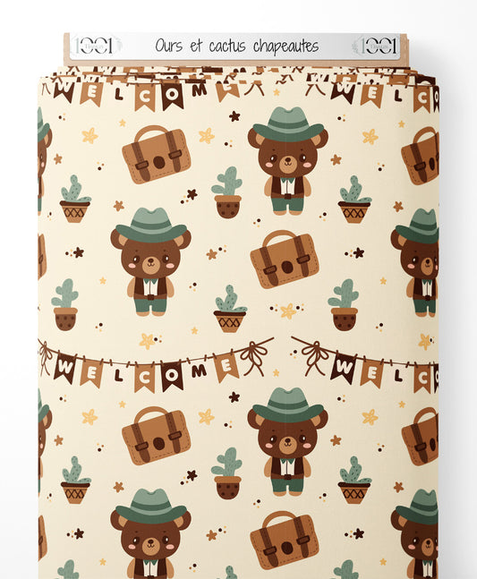 Tissu - Ours et cactus chapeautés