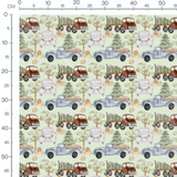 Tissu - Camions sur fond vert doux