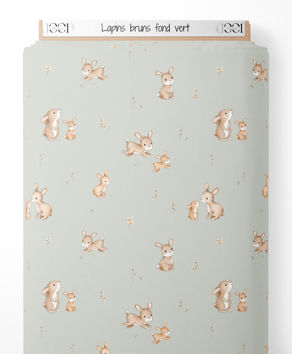 Tissu - Lapins bruns sur fond vert