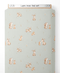 Tissu - Lapins bruns sur fond vert