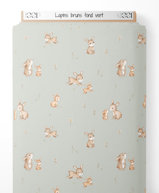 Tissu - Lapins bruns sur fond vert