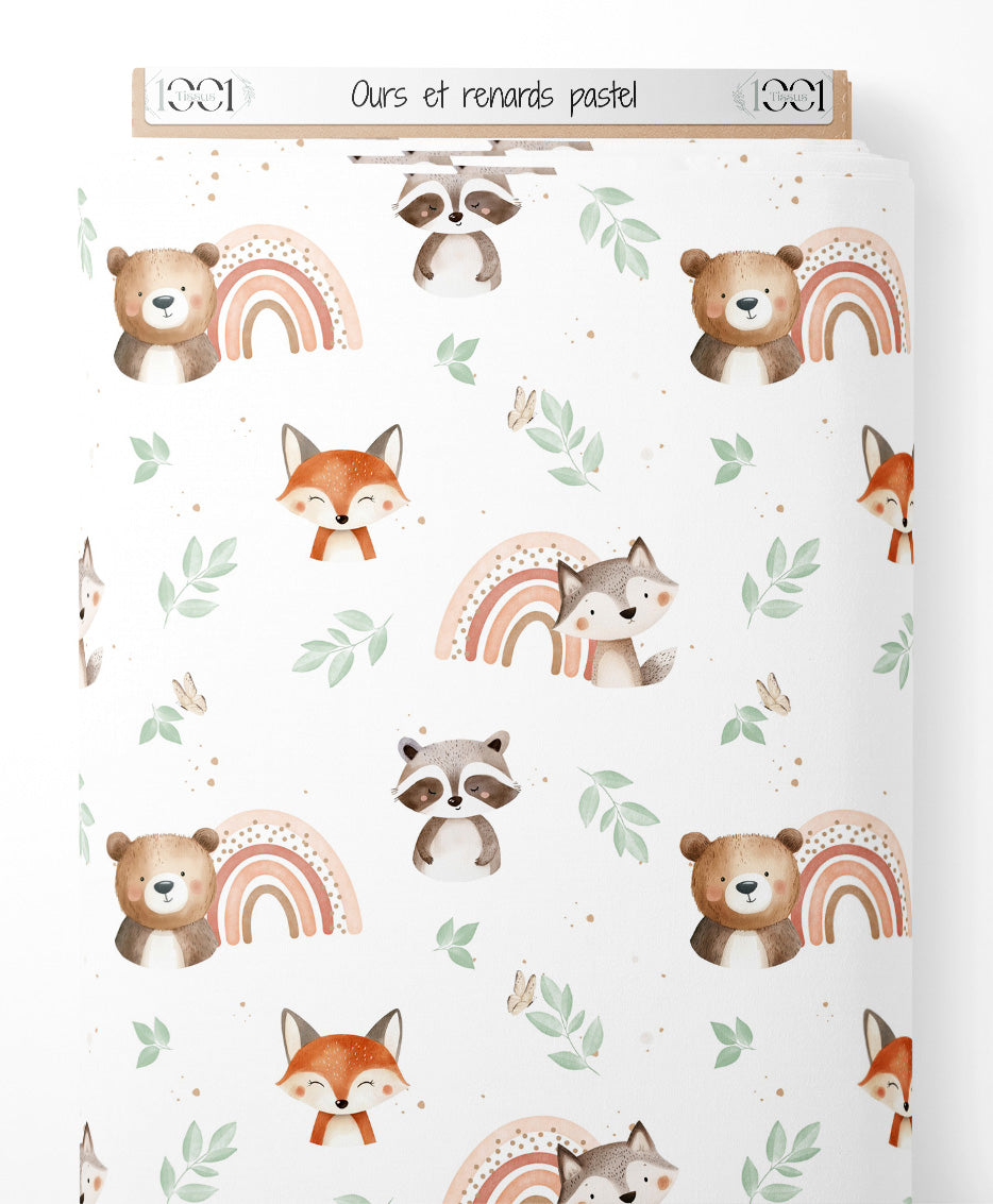 Tissu - Ours et renards pastel