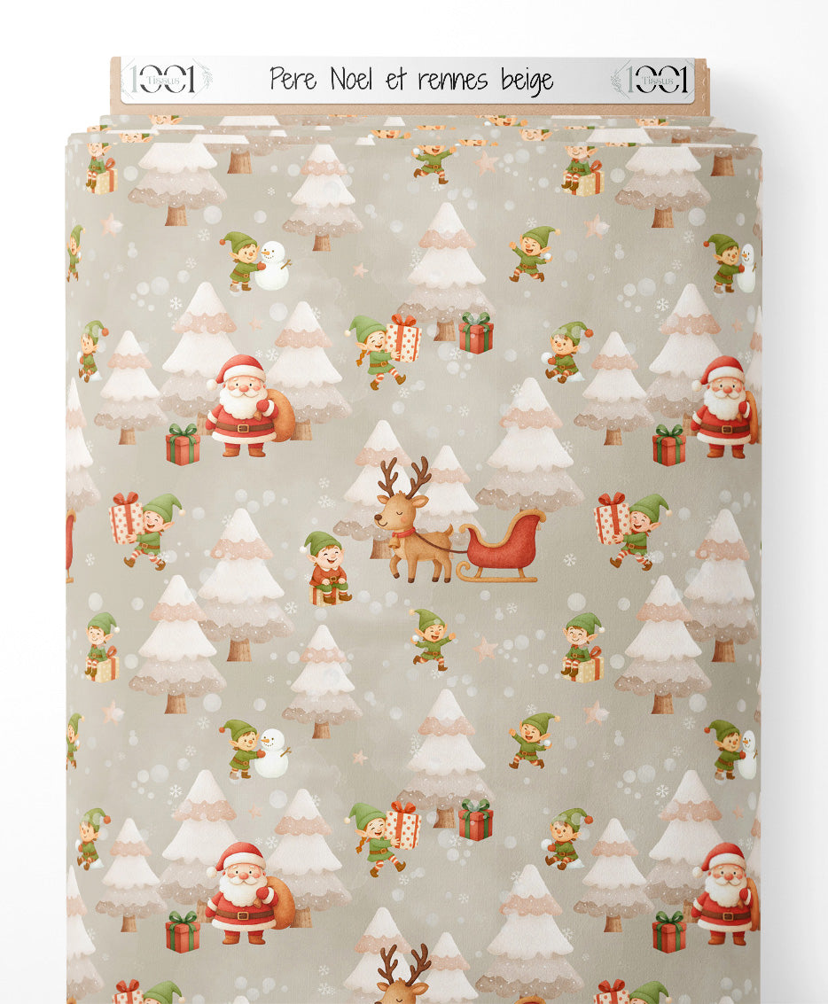 Tissu - Père Noël et rennes beige