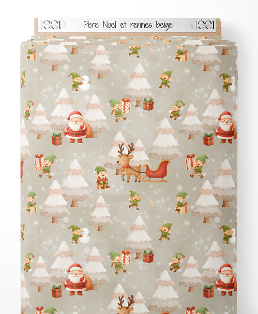 Tissu - Père Noël et rennes beige