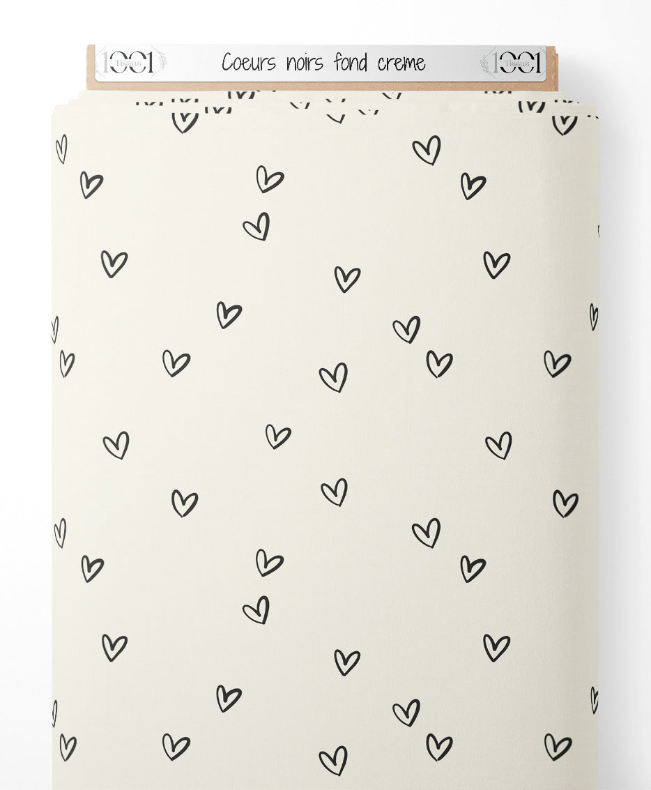 Tissu - Cœurs noirs sur fond crème