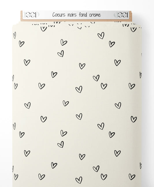 Tissu - Cœurs noirs sur fond crème