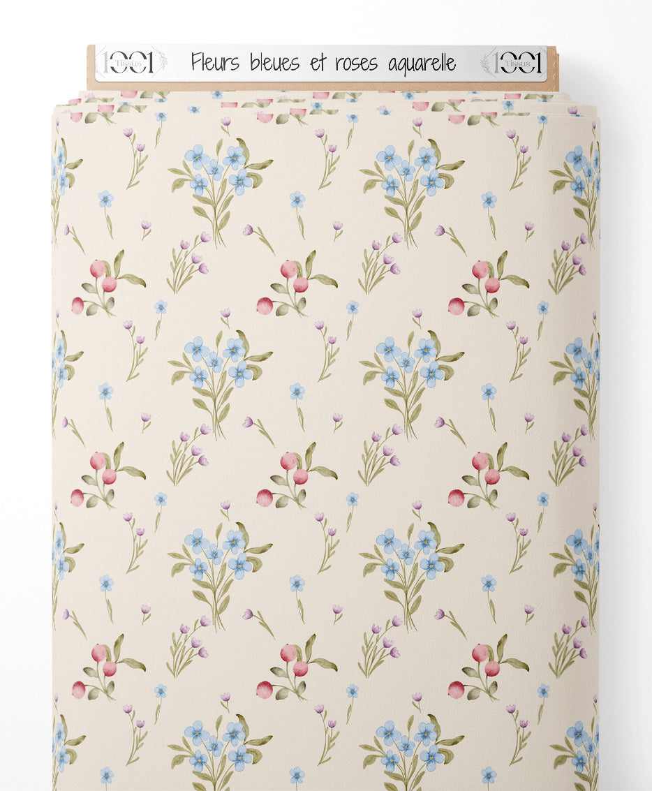 Tissu - Fleurs bleues et roses aquarelle