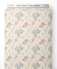 Tissu - Fleurs bleues et roses aquarelle