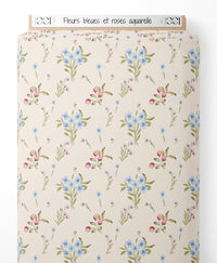 Tissu - Fleurs bleues et roses aquarelle