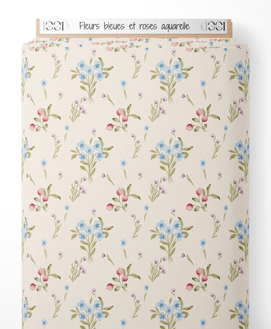Tissu - Fleurs bleues et roses aquarelle