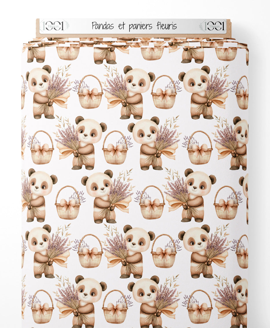 Tissu - Pandas et paniers fleuris