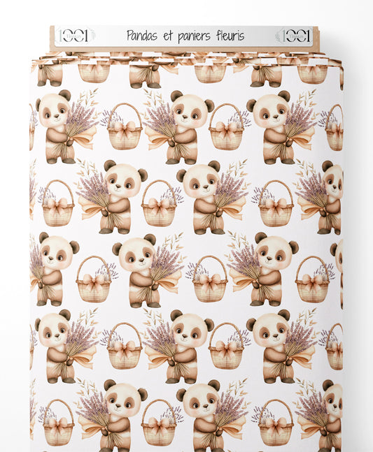 Tissu - Pandas et paniers fleuris