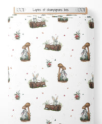 Tissu - Lapins et champignons bois