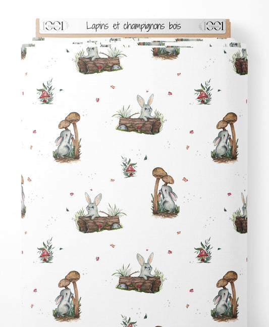 Tissu - Lapins et champignons bois