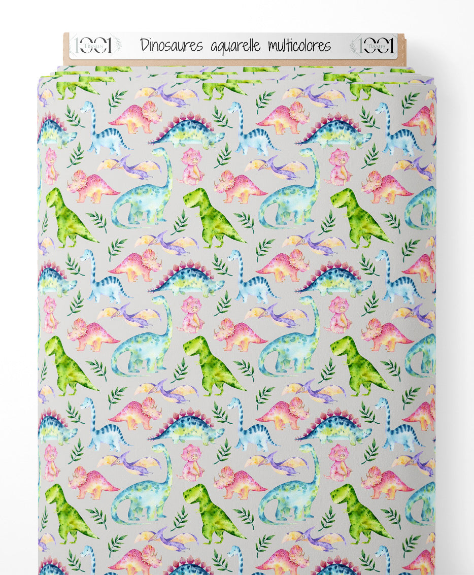 Tissu - Dinosaures aquarelle multicolores