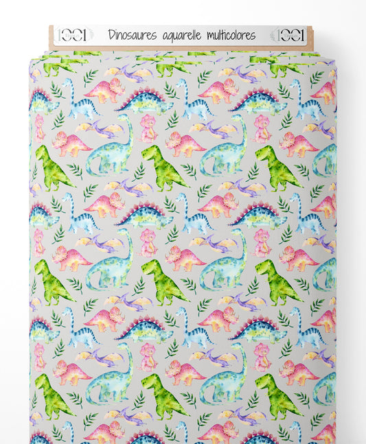 Tissu - Dinosaures aquarelle multicolores