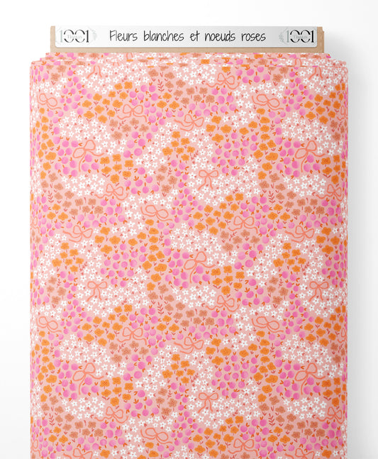 Tissu - Fleurs blanches et nœuds roses