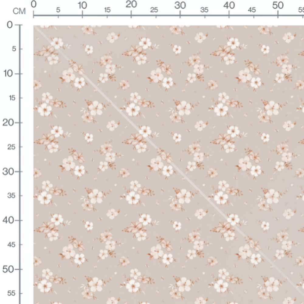 Tissu - Fleurs blanches et feuilles beige