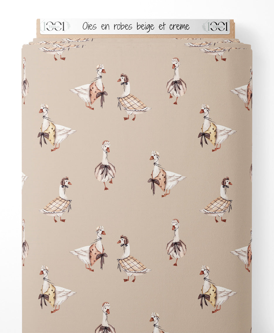Tissu - Oies en robes beige et crème