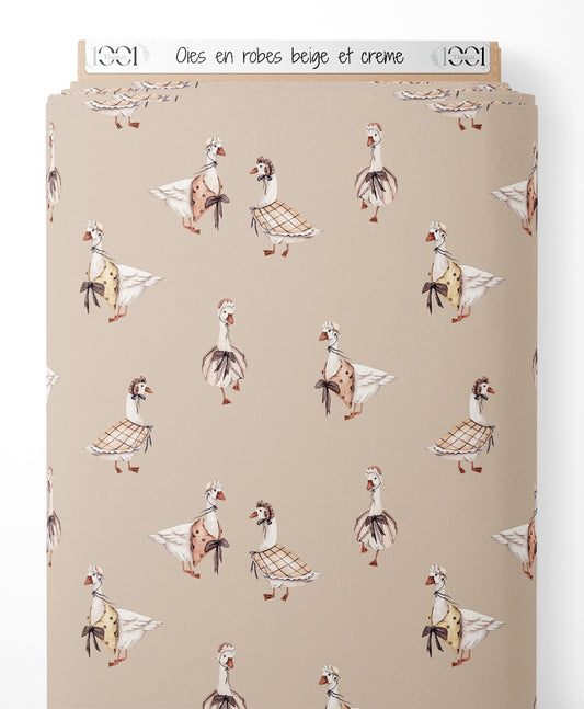 Tissu - Oies en robes beige et crème