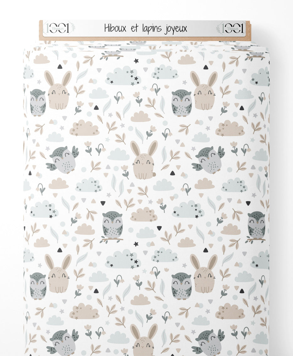 Tissu - Hiboux et lapins joyeux