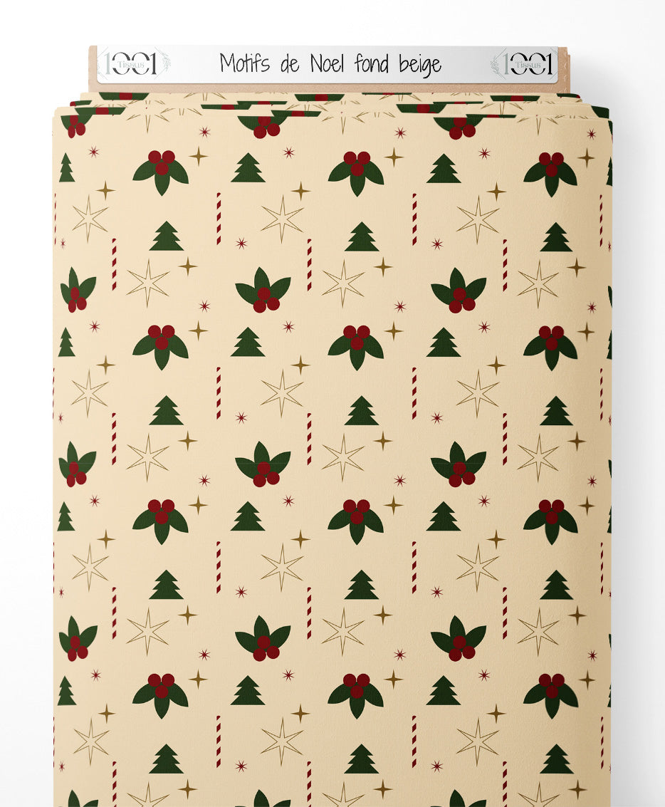 Tissu - Motifs de Noël sur fond beige