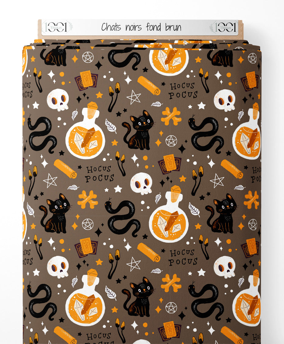 Tissu - Chats noirs sur fond brun
