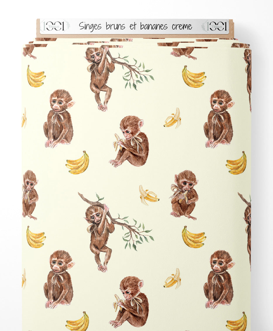 Tissu - Singes bruns et bananes crème